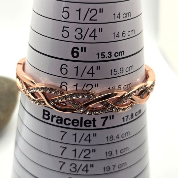 Rose Gold‑Tone Braided Hinged Bracelet 6.75" Rhinestone Accents Layered Design - Picture 6 of 6